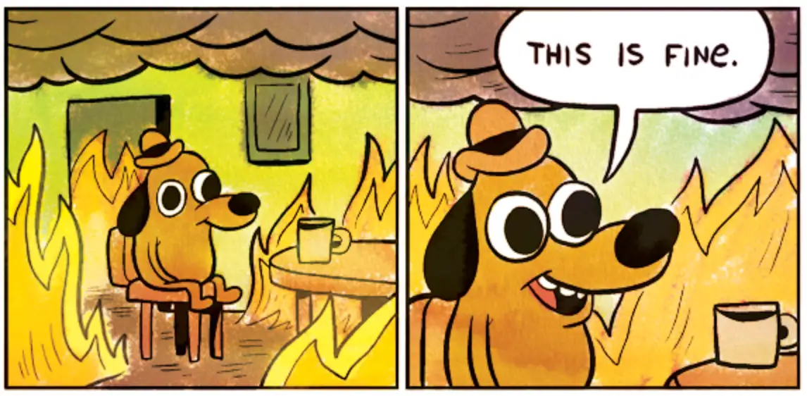 The this is fine dog sitting in a burning room