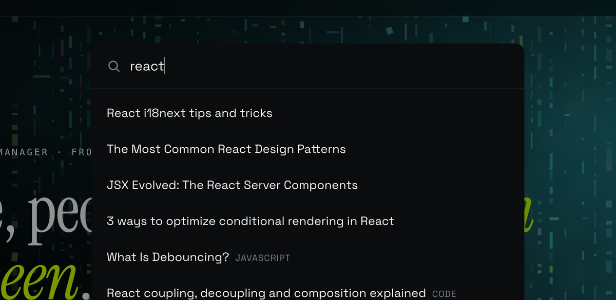 The search dialog open with a query typed and results showing
