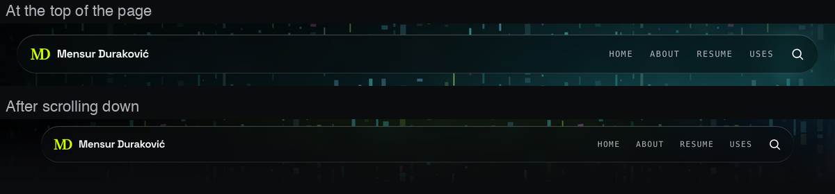 The header at the top of the page, and after scrolling down